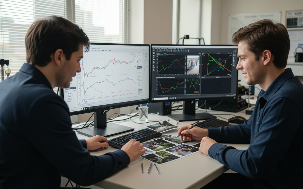Engineers reviewing model training charts and sample images in a vision lab