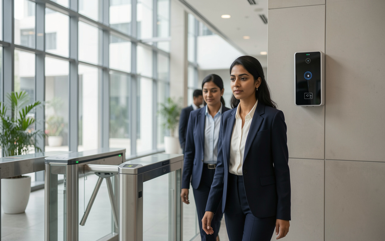 Office lobby access control with facial recognition terminal and turnstiles