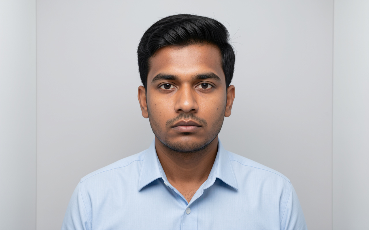 ICAO-compliant biometric facial photo capture against a neutral backdrop