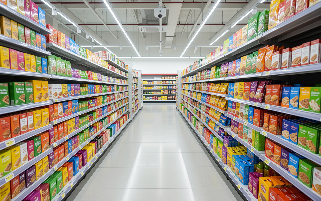 Grocery aisle with ceiling camera for shelf recognition