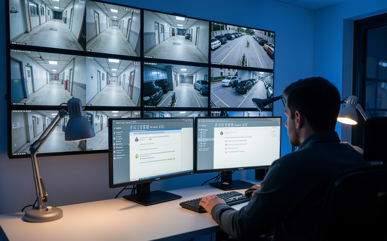 Security operator reviewing IP camera feeds in an operations room